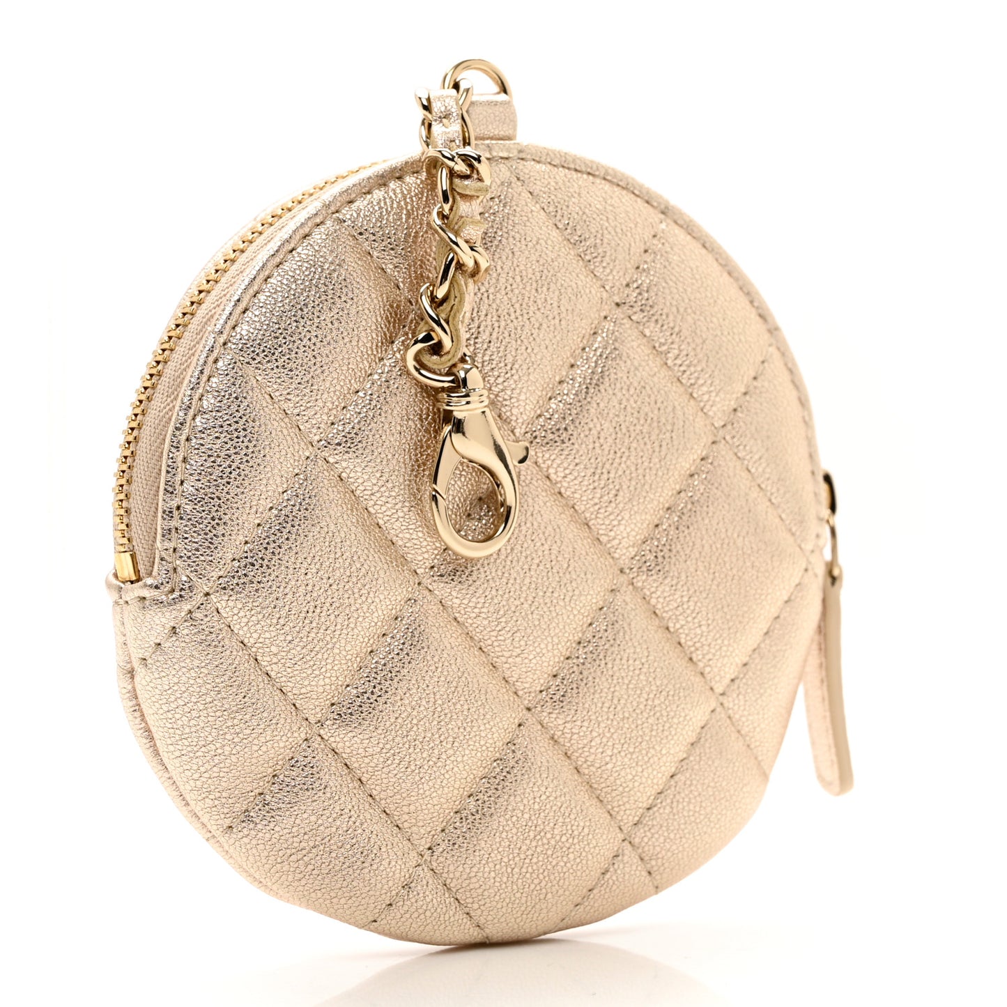 Metallic Lambskin Quilted Round Clip On Coin Purse Gold