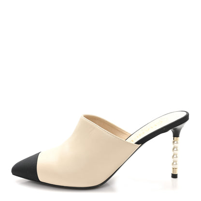 Chanel Goatskin Grosgrain Cap Toe Pearl Mule 39 Beige Black 1 of 9