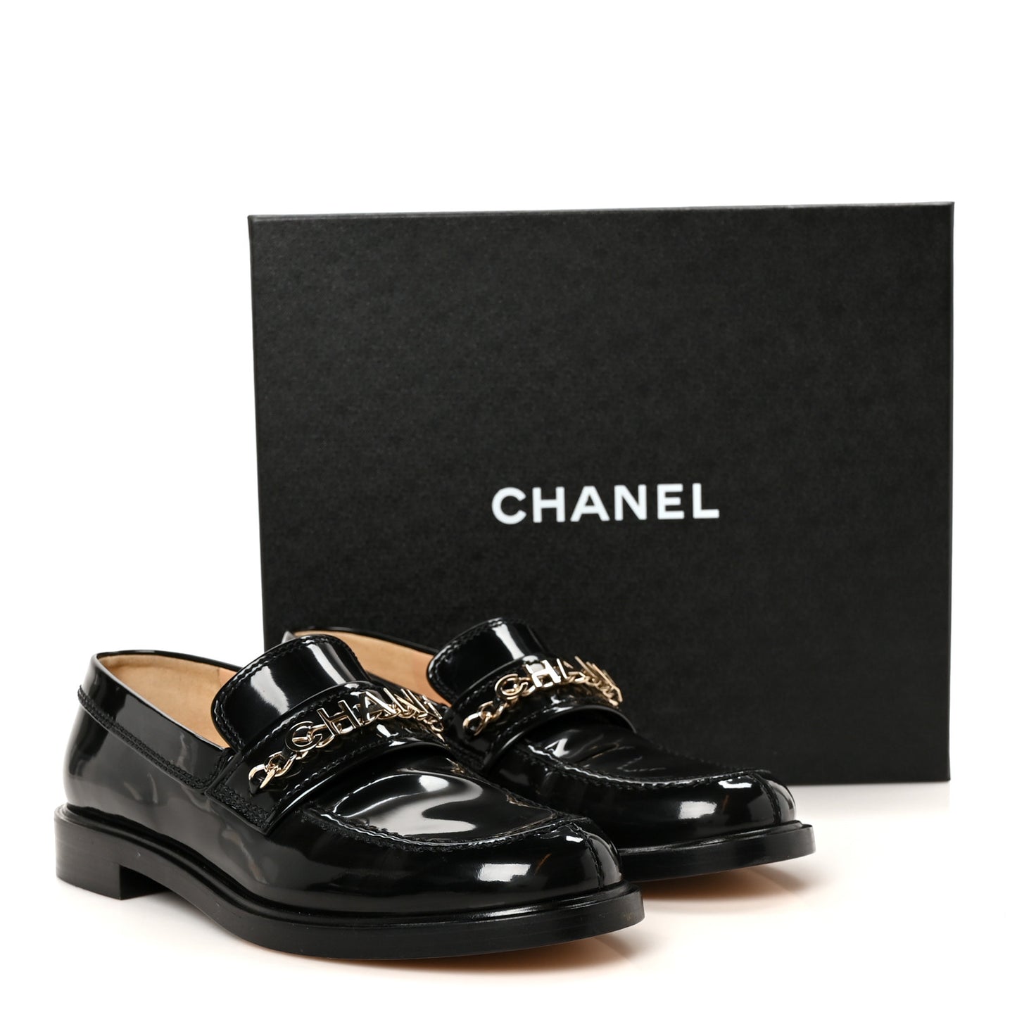 Shiny Calfskin Logo Loafers 38.5 Black