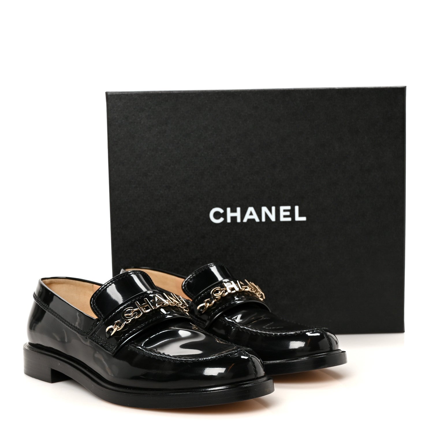 Chanel Shiny Calfskin Logo Loafers 38.5 Black 10 of 10