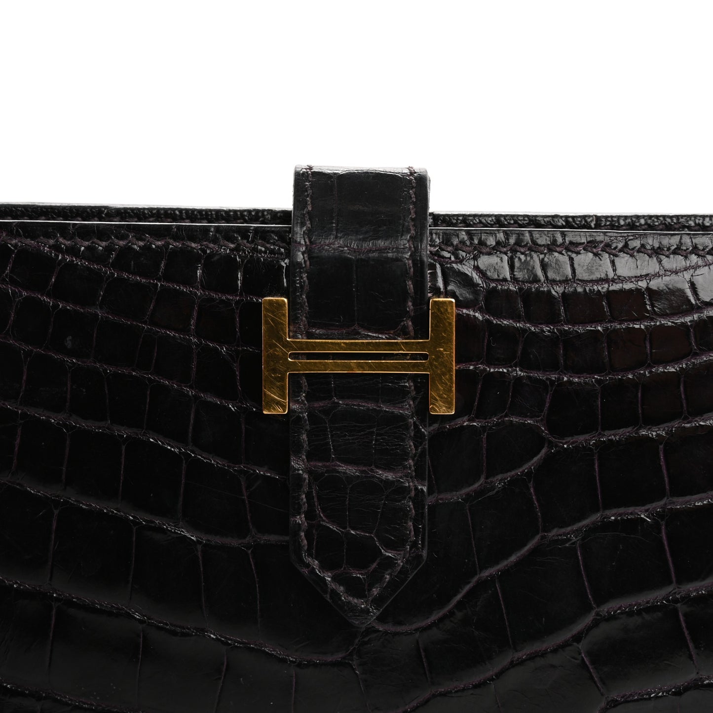 Shiny Alligator Bearn Gusset Wallet Aubergine