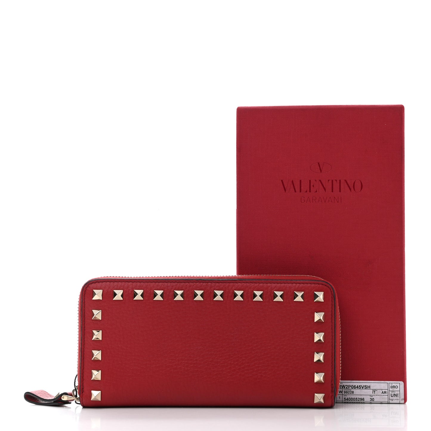 Pebbled Calfskin Rockstud Zip Around Wallet Rosso Valentino
