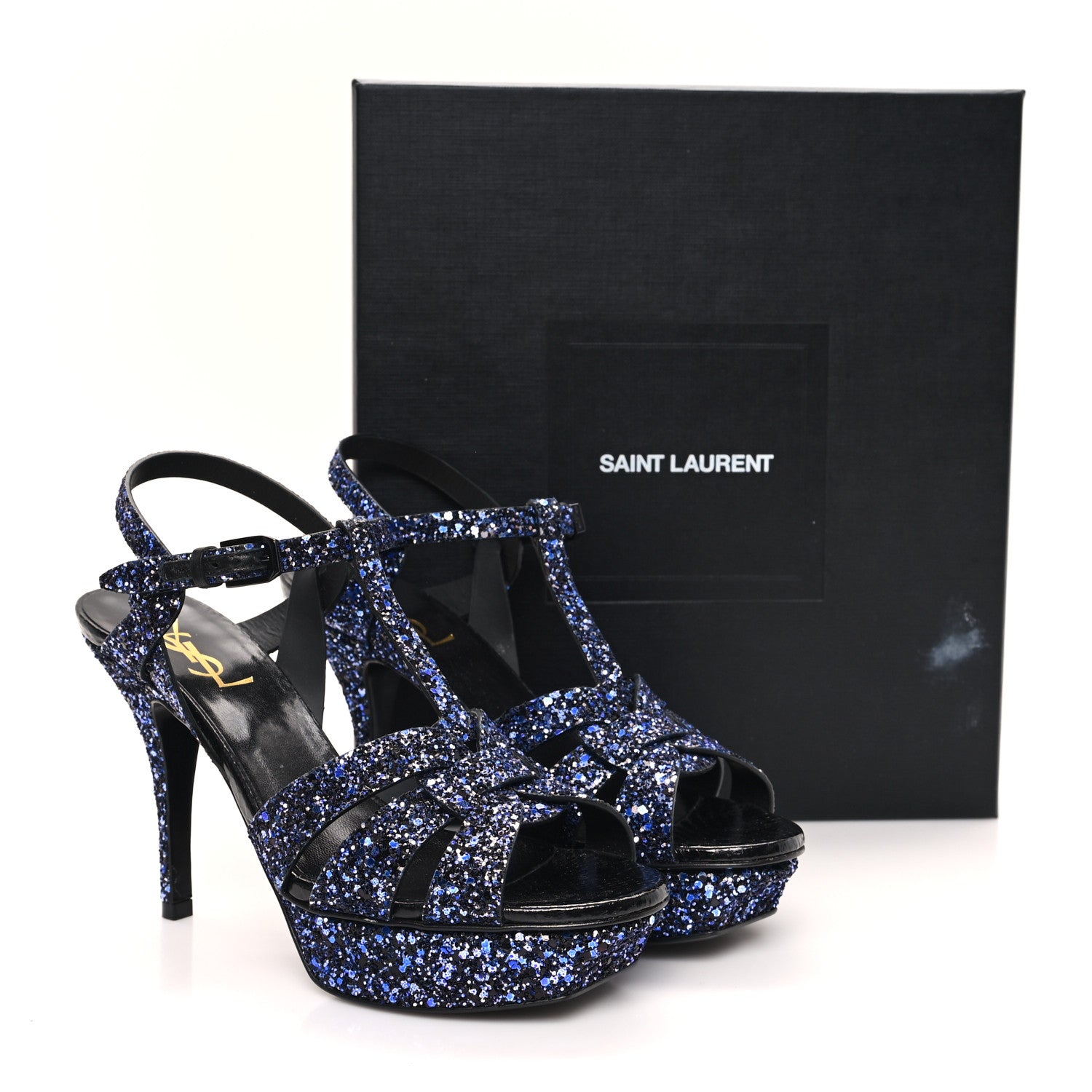 Saint Laurent Glitter Calfskin Ayers Tribute 75 Platform Sandals 38 Midnight Black Blue Royal 10 of 10