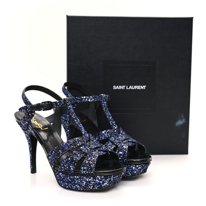 Saint Laurent Glitter Calfskin Ayers Tribute 75 Platform Sandals 38 Midnight Black Blue Royal 10 of 10