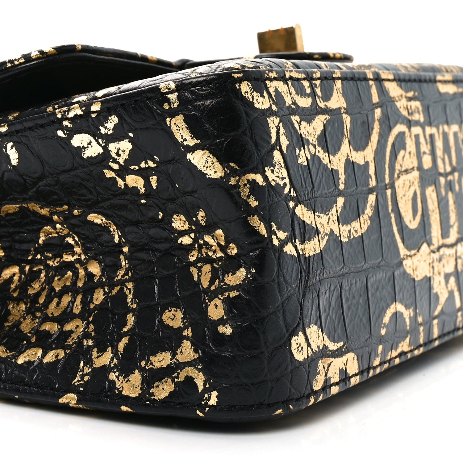 Chanel Calfskin Crocodile Embossed Graffiti 2.55 Mini Cocodile Reissue Flap Black Gold 9 of 11