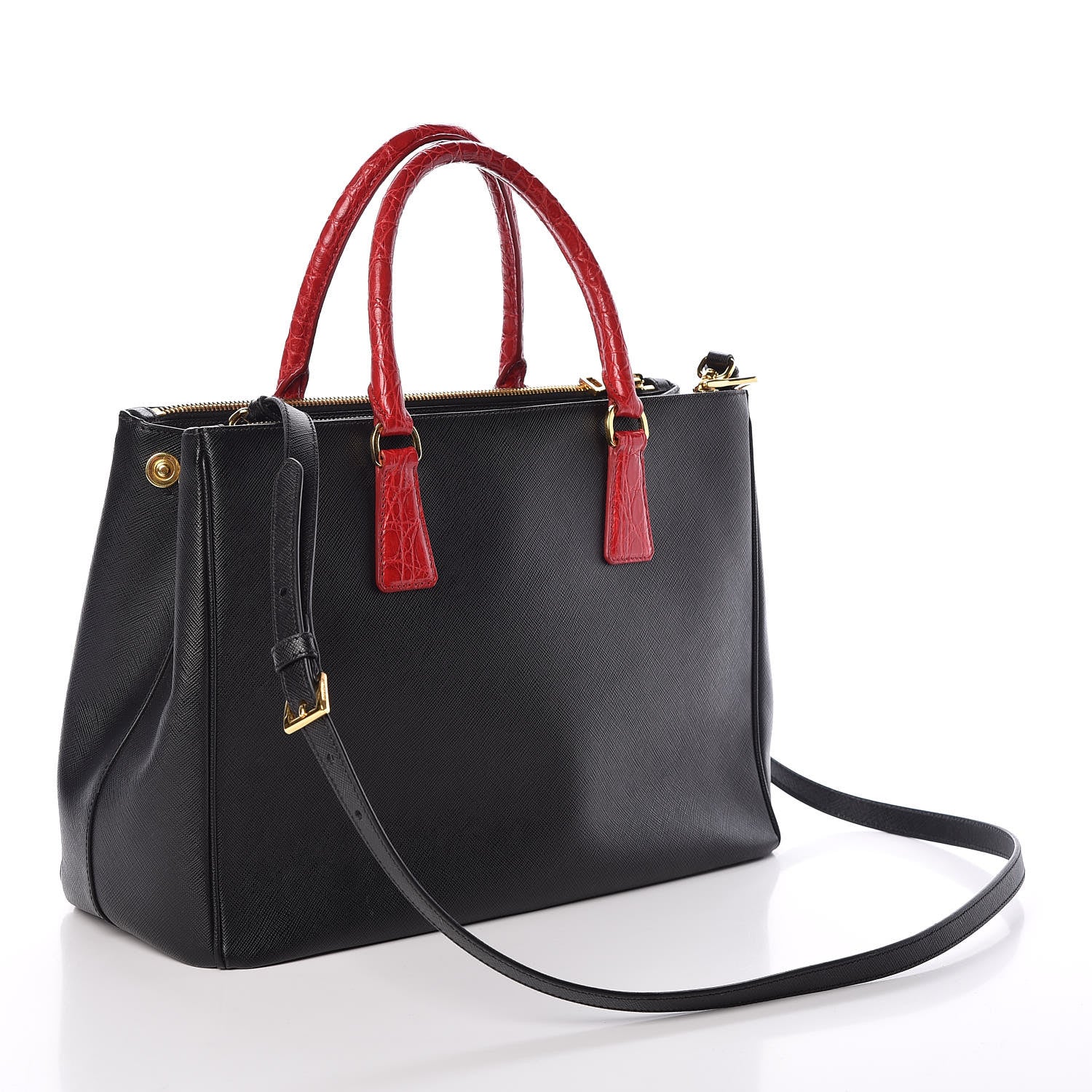 Prada Saffiano Crocodile Medium Galleria Double Zip Tote Black Rosso 3 of 8