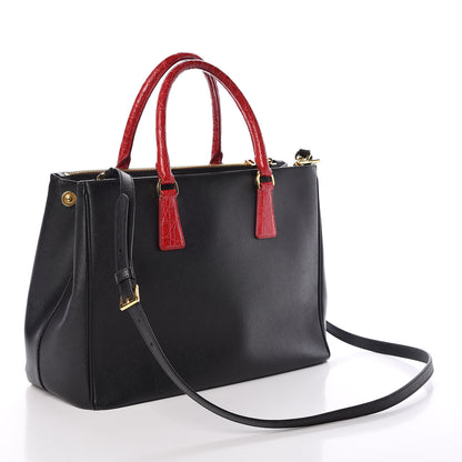 Prada Saffiano Crocodile Medium Galleria Double Zip Tote Black Rosso 3 of 8