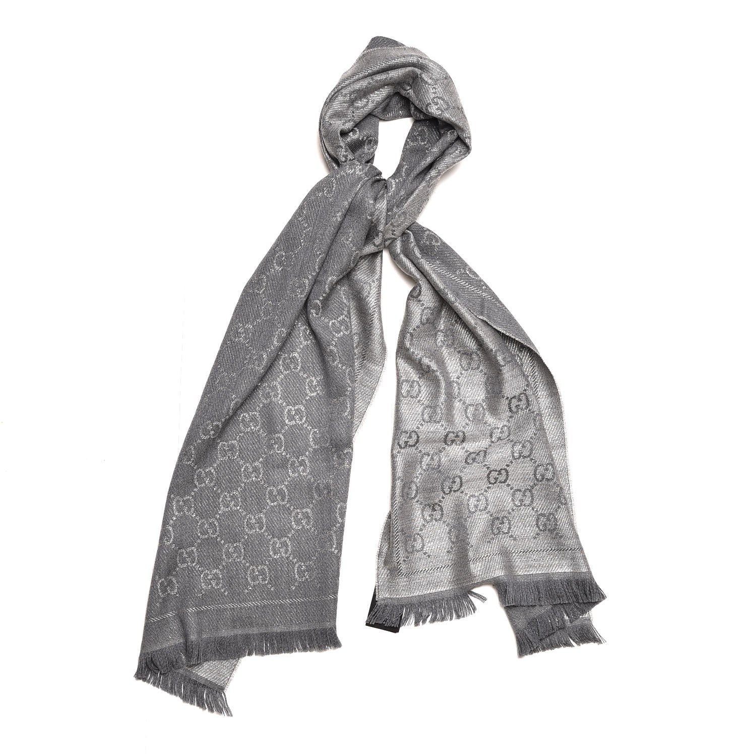 Gucci Wool Jacquard Monogram Fringe Scarf Grey 1 of 5