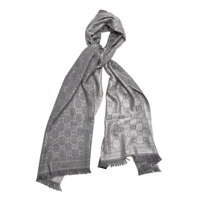 Gucci Wool Jacquard Monogram Fringe Scarf Grey 1 of 5