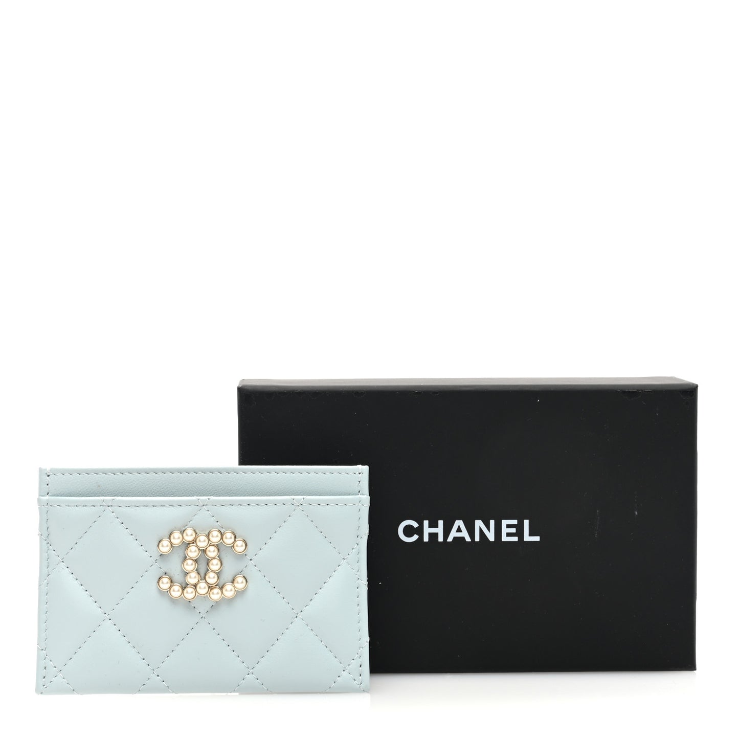 Lambskin Pearl Quilted Card Holder Light Blue