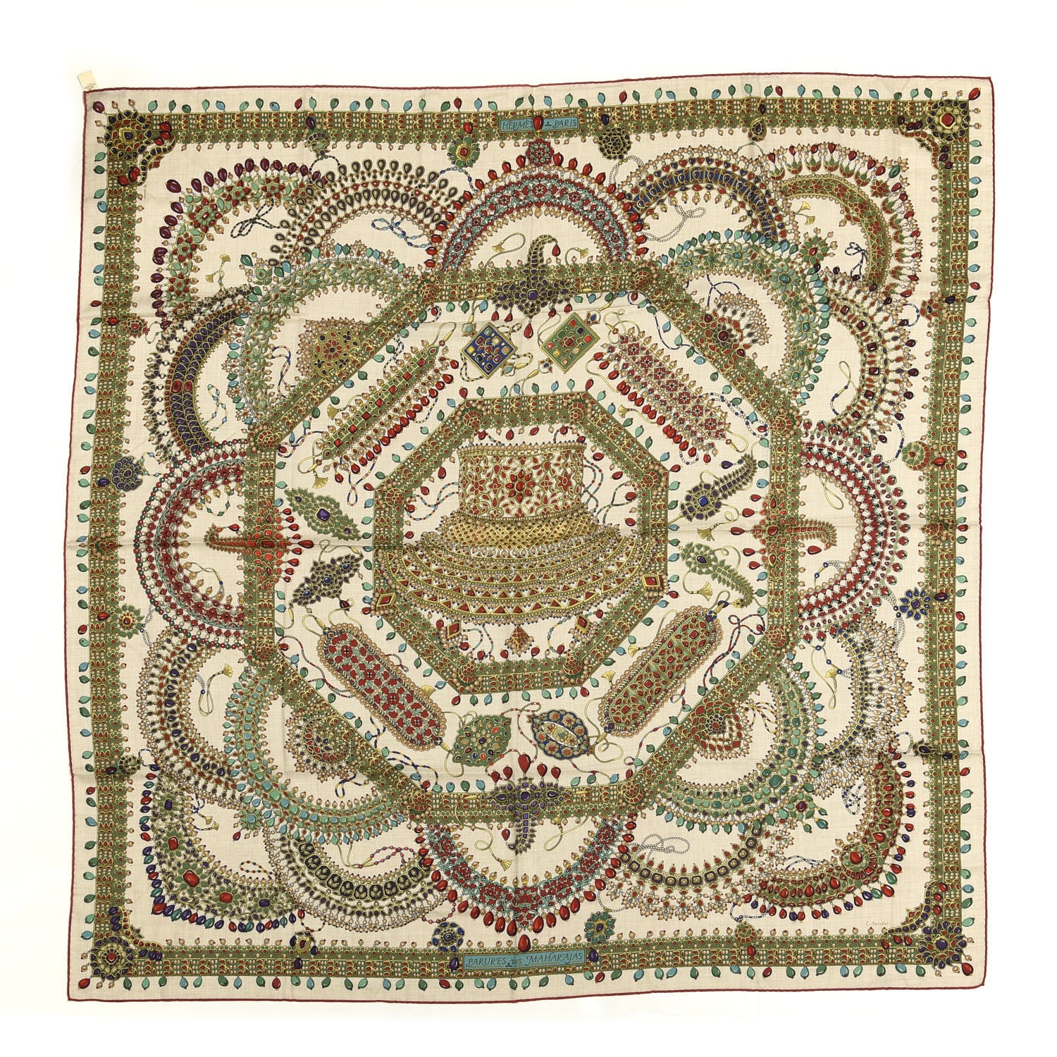 Hermes Cashmere Silk Parures Des Maharajas Shawl 140 Naturel Rouge H Vert 1 of 6