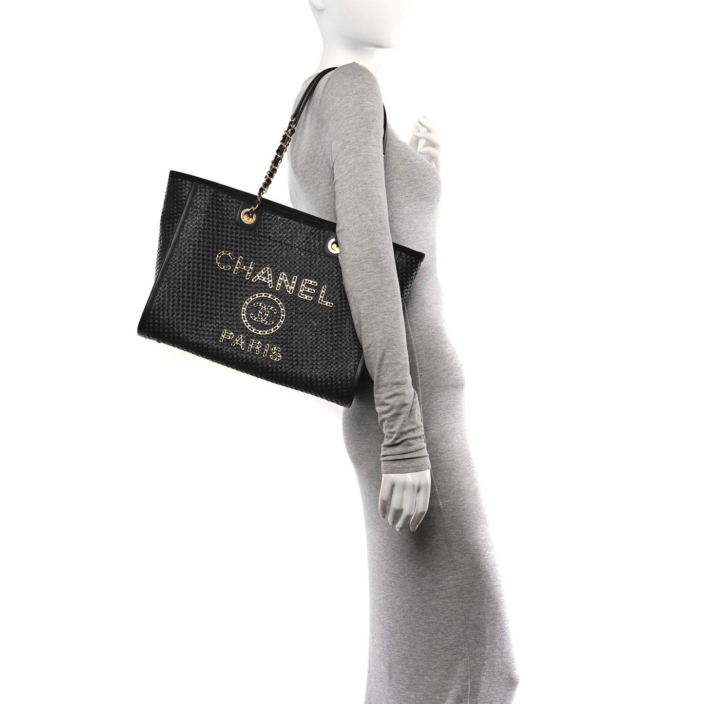 Straw Raffia Calfskin Chain Small Deauville Tote Black
