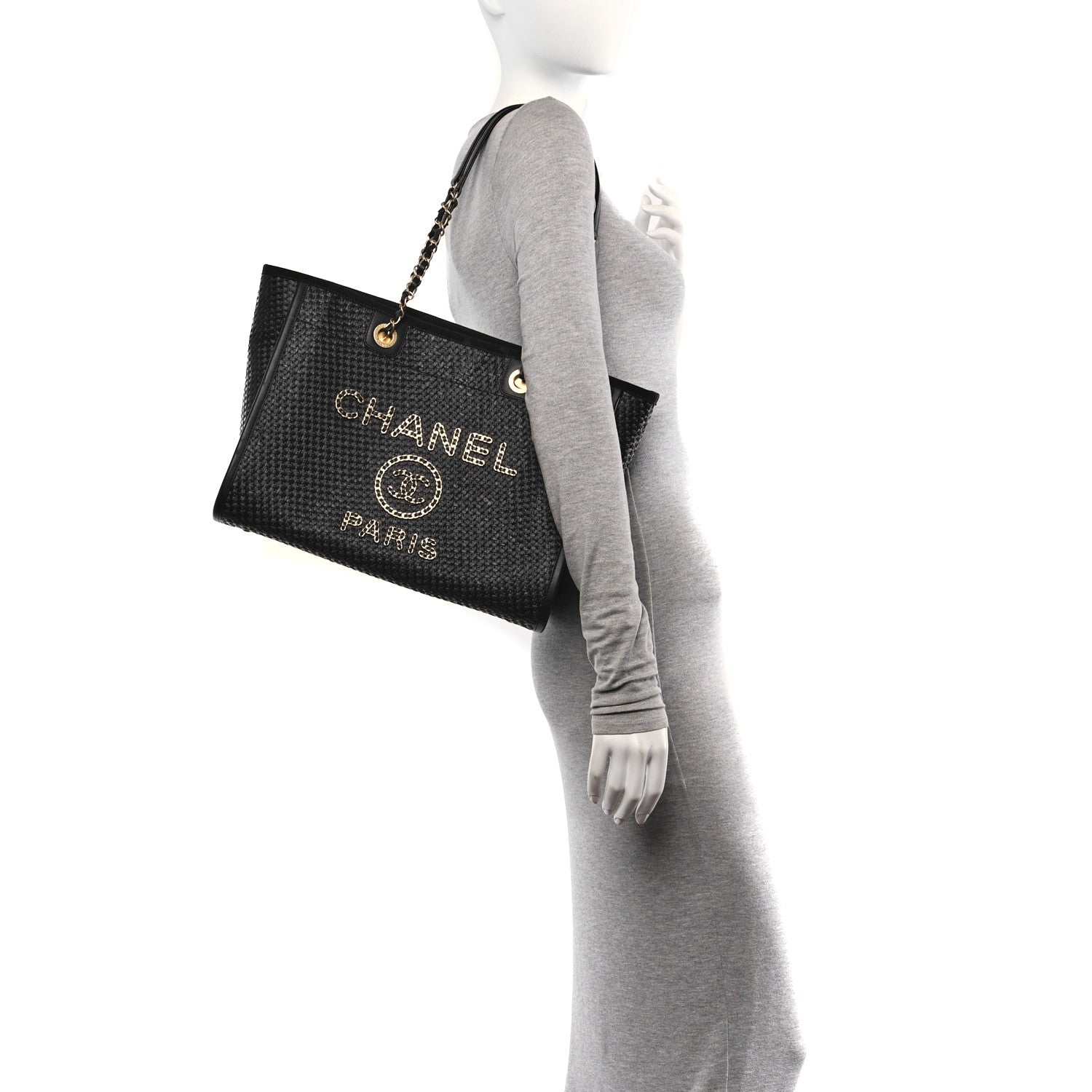 Chanel Straw Raffia Calfskin Chain Small Deauville Tote Black 2 of 10