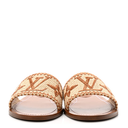 Louis Vuitton Raffia Calfskin Monogram Lock It Flat Mules 38 Cognac Brown 2 of 8