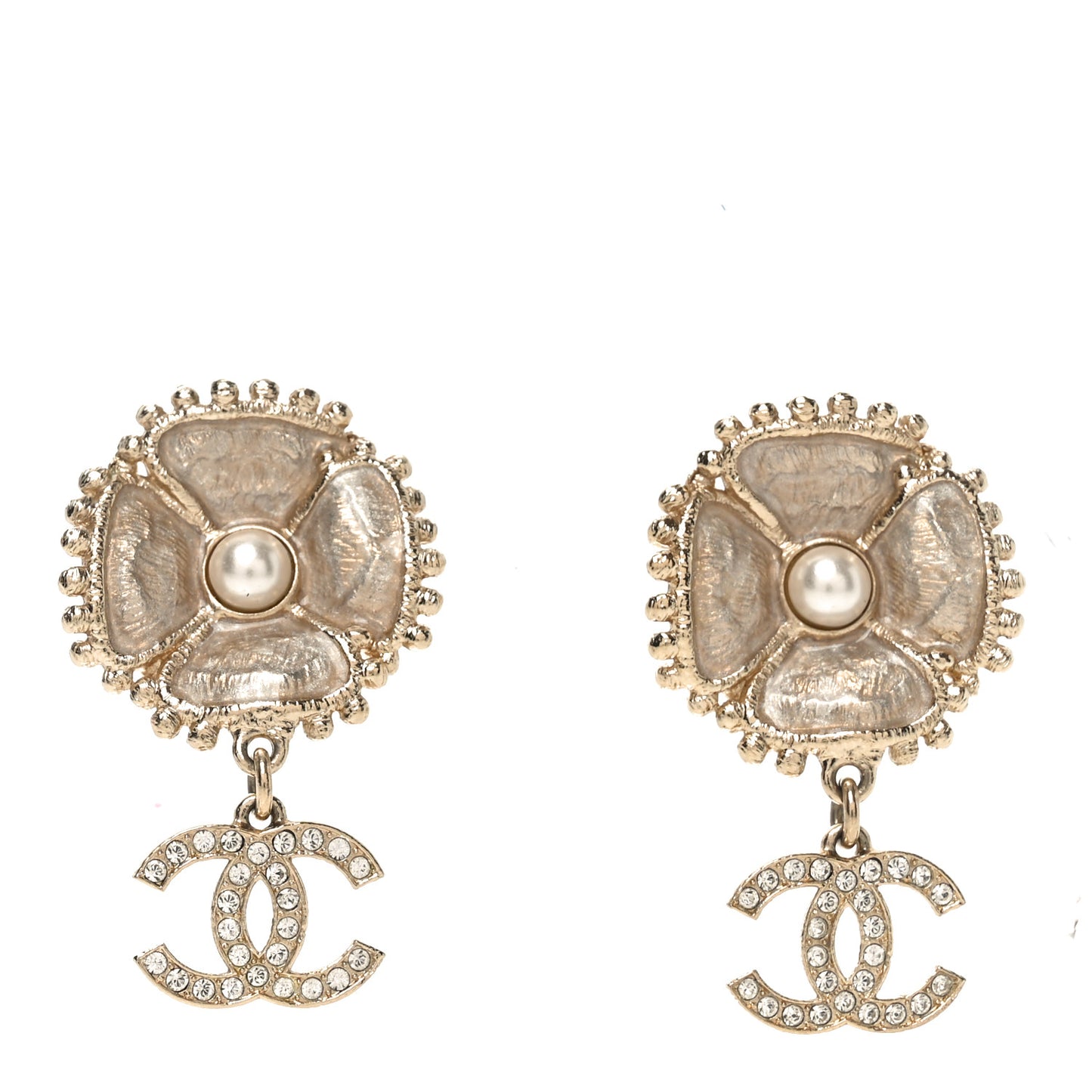 Crystal Pearl Resin Camellia CC Drop Earrings Gold