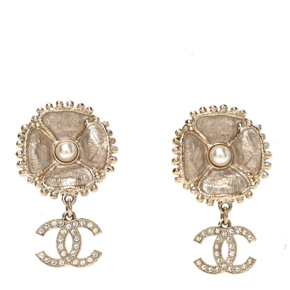 Chanel Crystal Pearl Resin Camellia CC Drop Earrings Gold 1 of 4