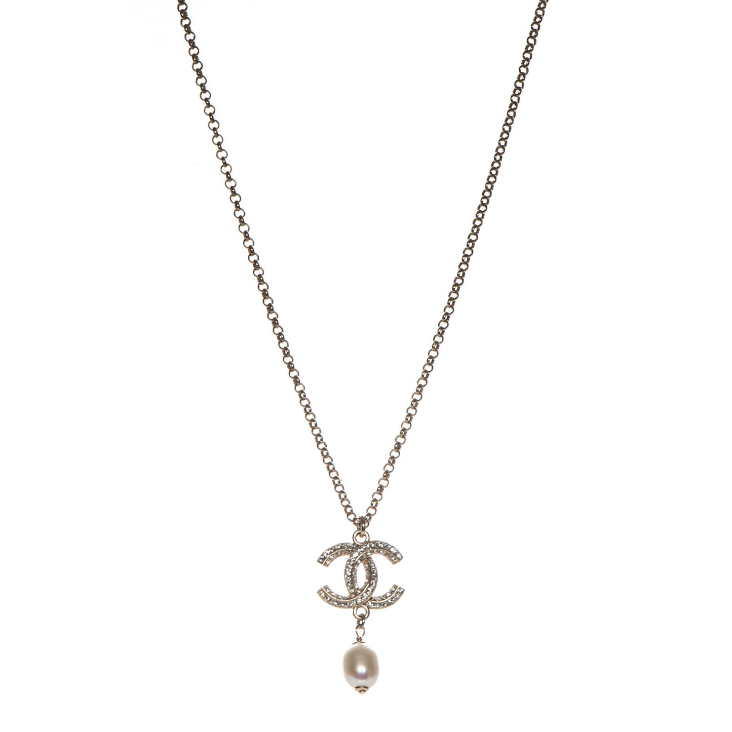 Pearl Crystal CC Drop Necklace Gold