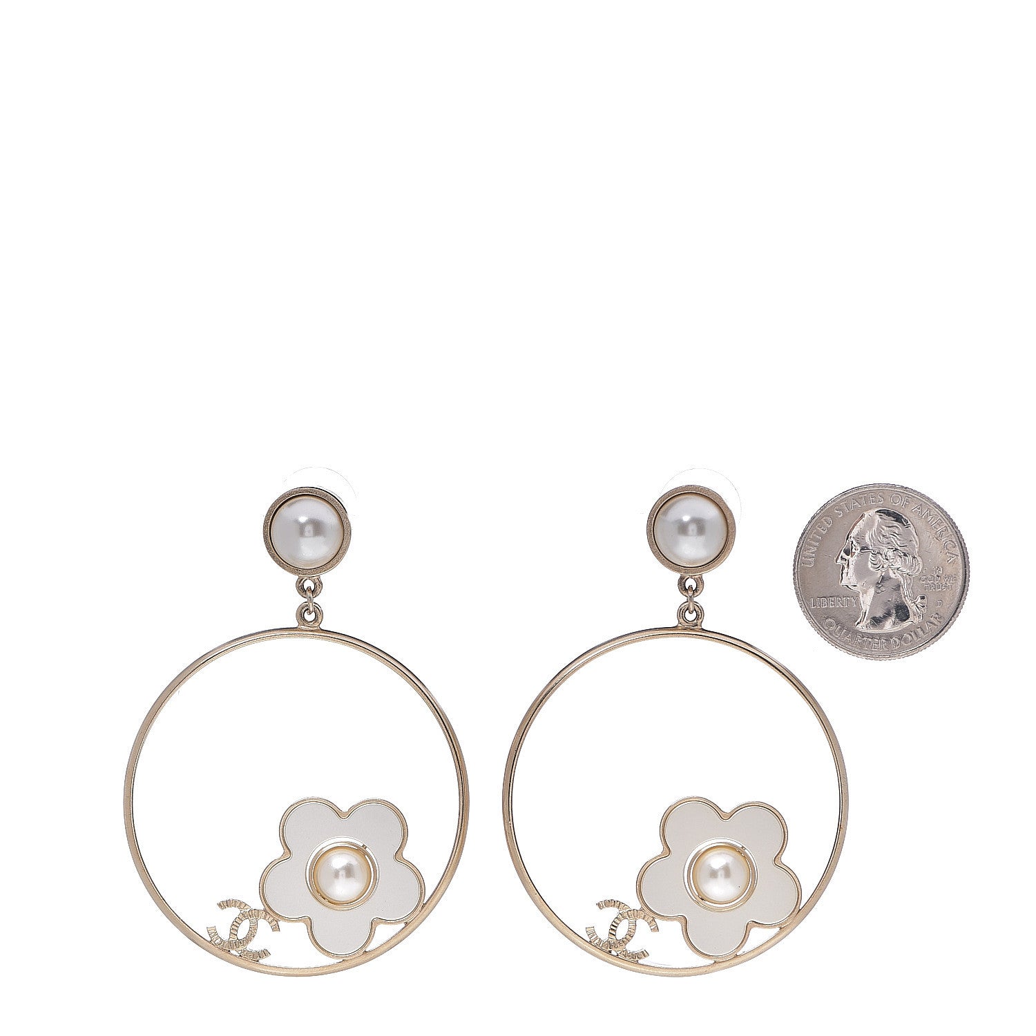 Chanel Pearl CC Camellia Hoop Earrings Gold 2 of 4
