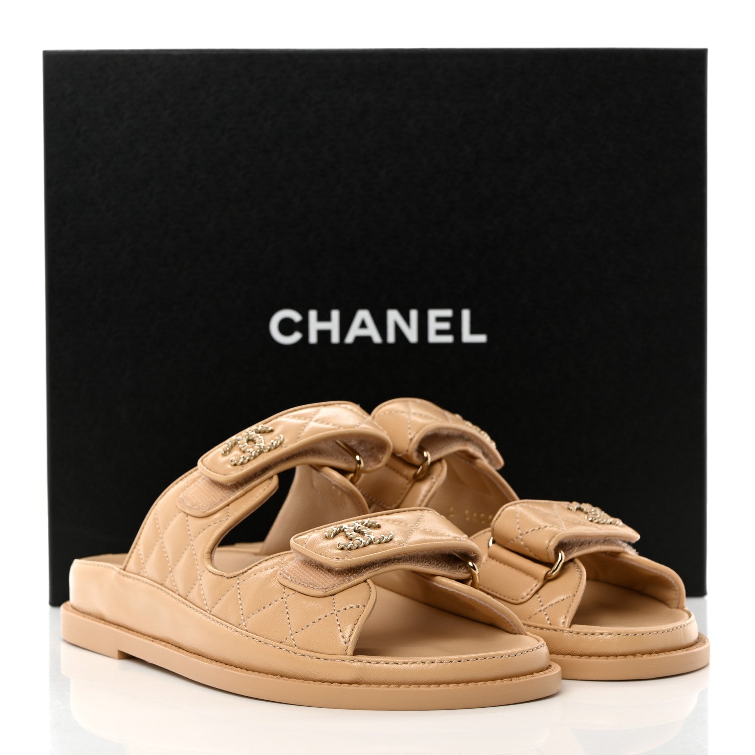 Chanel Lambskin Quilted Velcro Dad Chain CC Slide Sandals 36 Beige 9 of 9