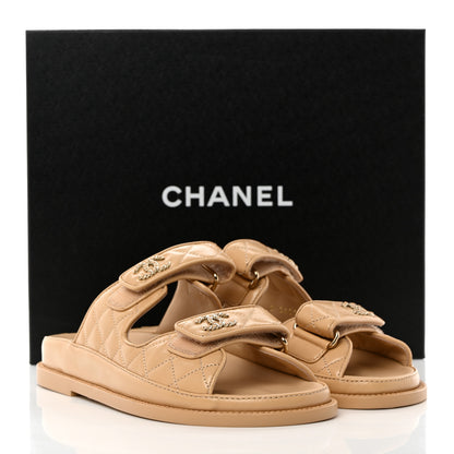 Chanel Lambskin Quilted Velcro Dad Chain CC Slide Sandals 36 Beige 9 of 9