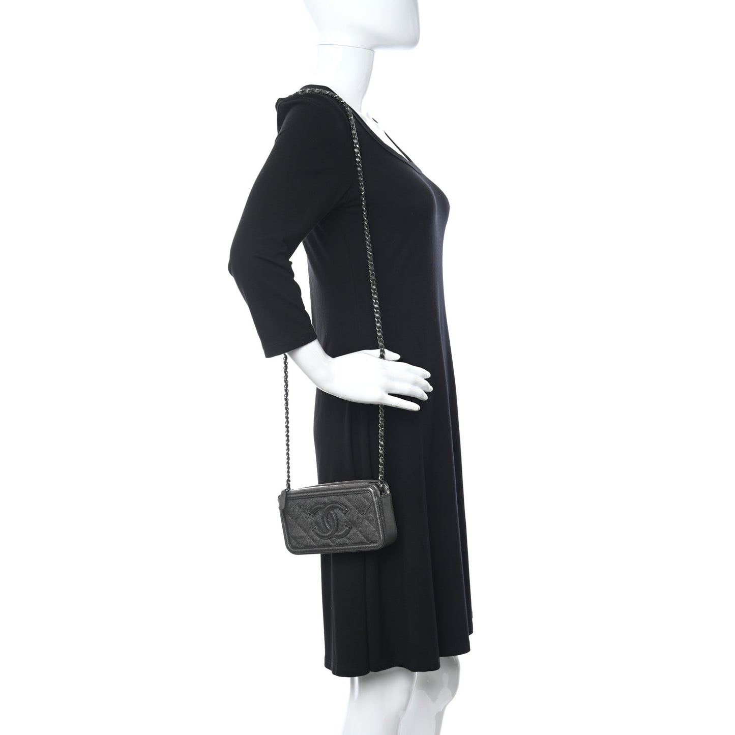 Metallic Caviar Quilted CC Filigree Clutch With Chain Dark Silver