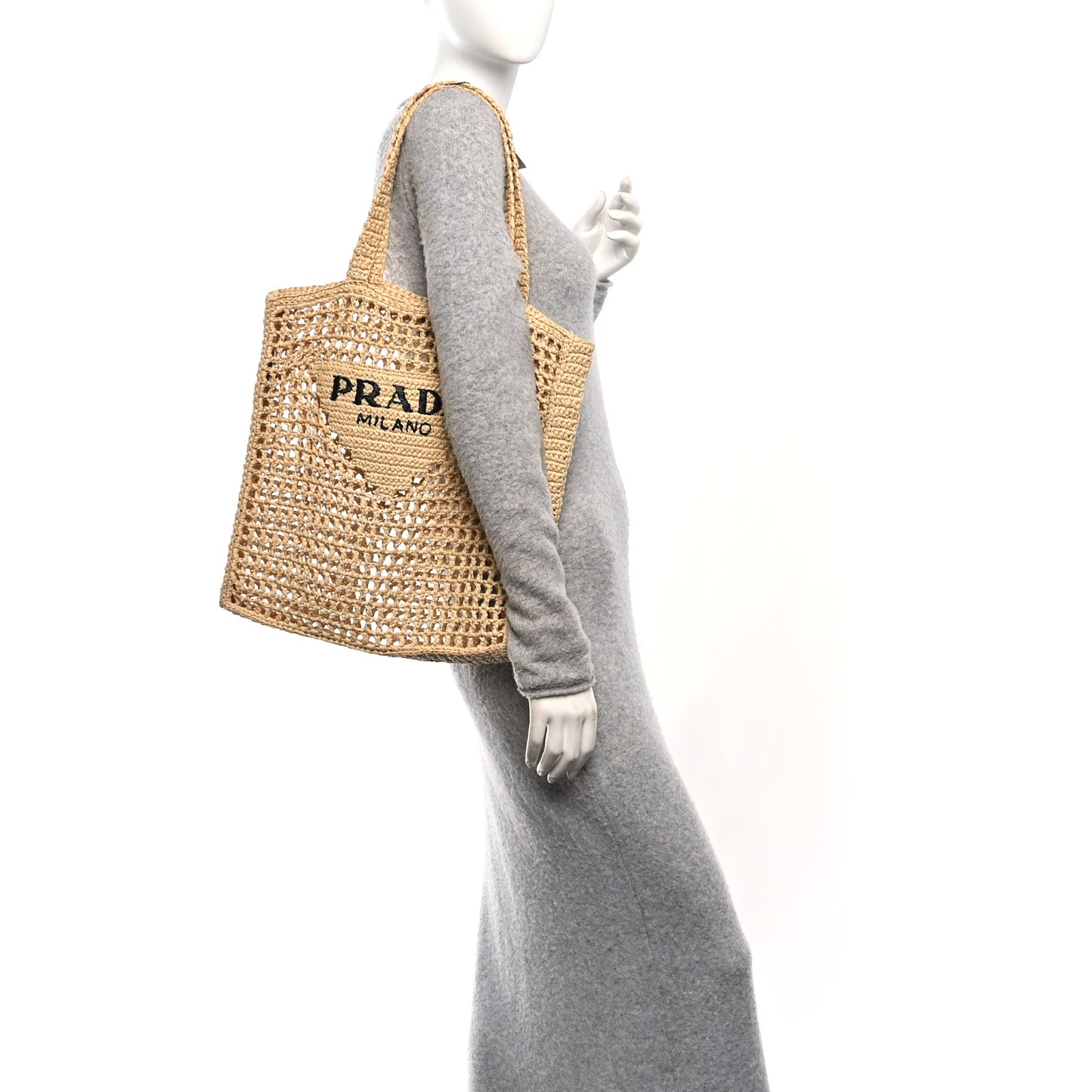 Yarn Raffia Effect Crochet Logo Embroidered Tote Bag Naturale