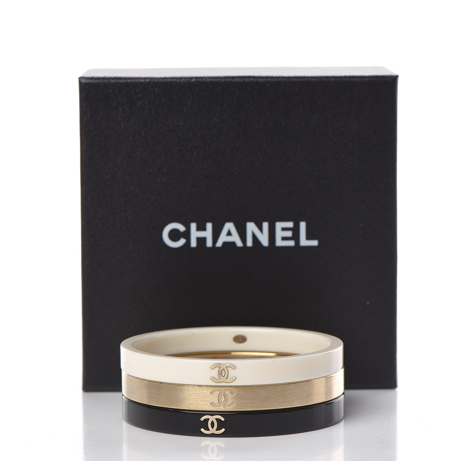 Chanel Resin Metal CC Bangle Set of 3 Black White Gold 6 of 6