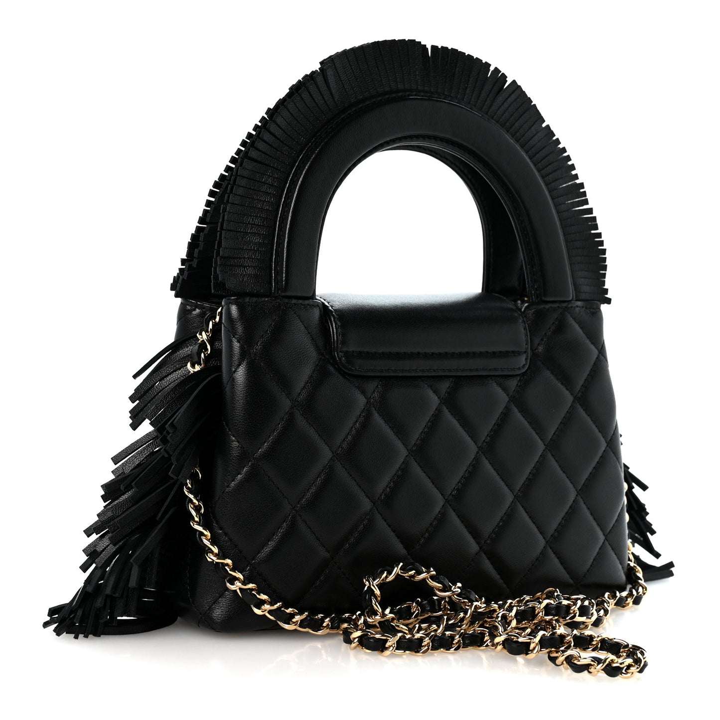 Lambskin Fringe Nano Kelly Shopper Black