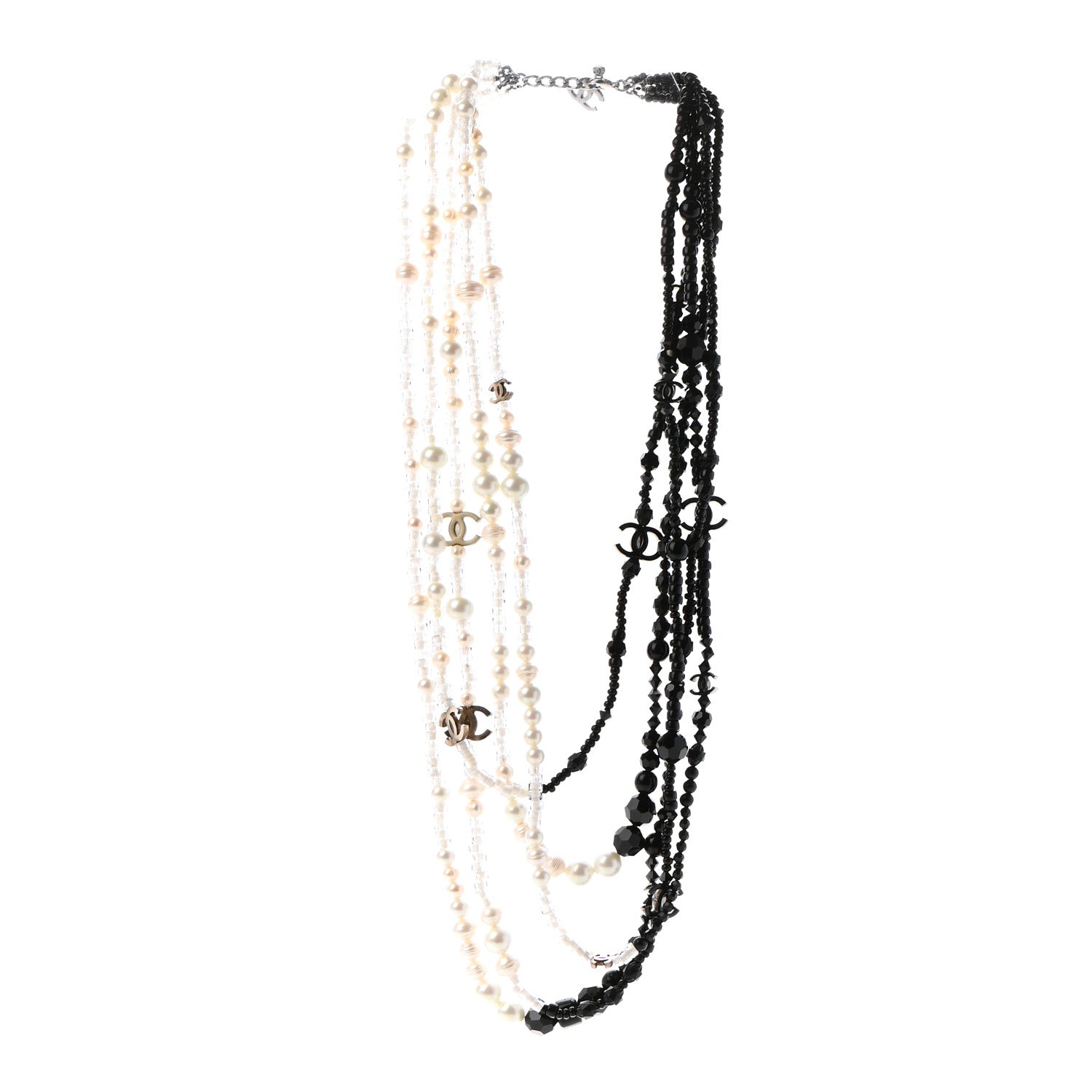 Chanel Pearl Bead Multi Strand CC Necklace Black White 3 of 5