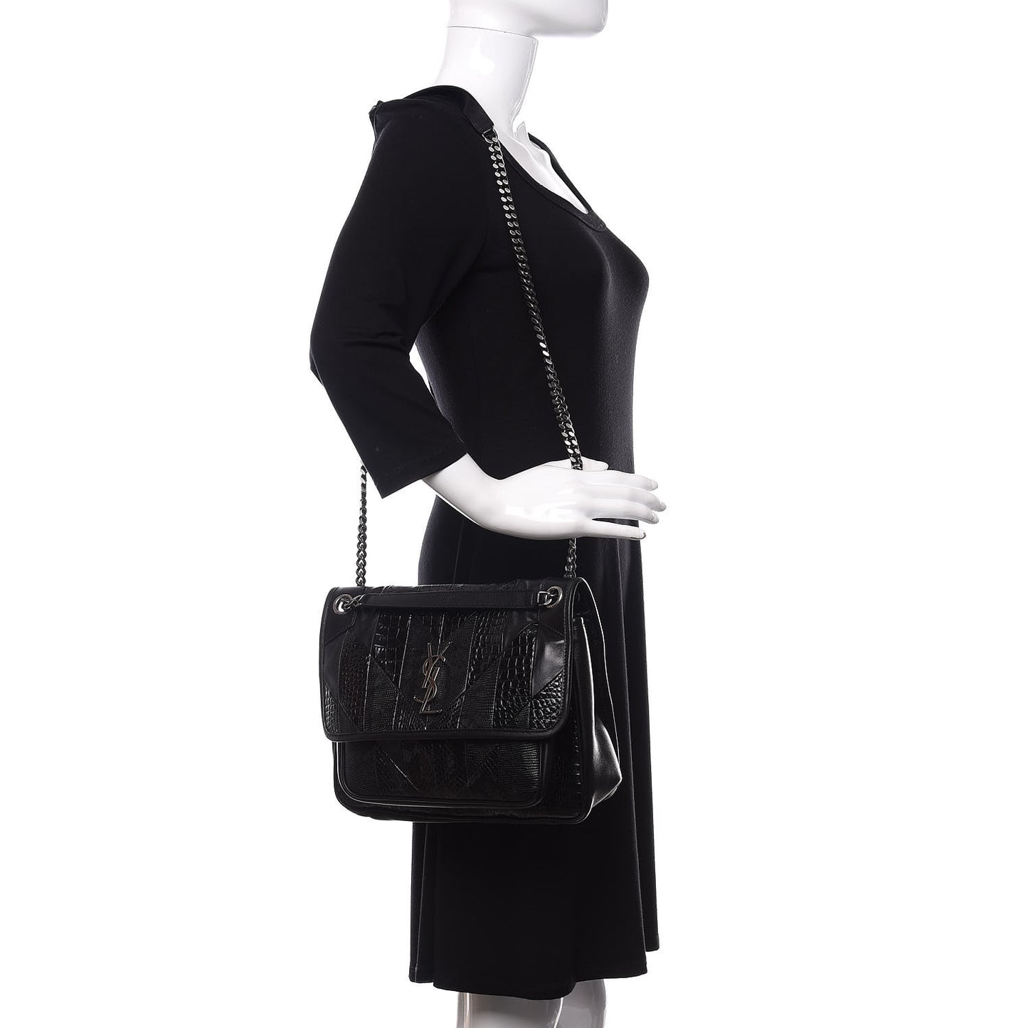 Calfskin Ayers Patchwork Monogram Medium Niki Chain Satchel Black