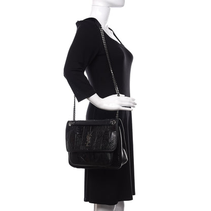 Saint Laurent Calfskin Ayers Patchwork Monogram Medium Niki Chain Satchel Black 3 of 12