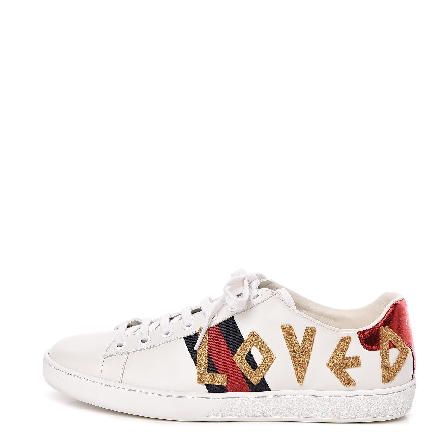 Gucci Calfskin Nappa Web LOVED Embroidered Womens Ace Sneakers 40 White Red Flame Notte 1 of 10