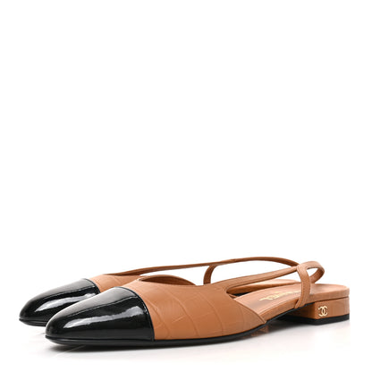Chanel Calfskin Crocodile Embossed Patent Cap Toe CC Slingback Flats 41 Brown Black 3 of 8