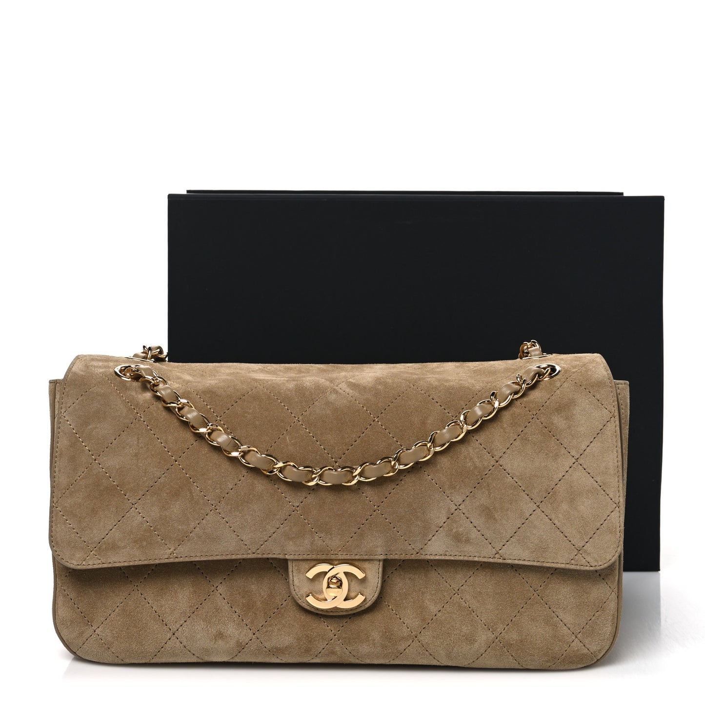 Suede Calfskin Small Souplissimo Maxi Flap Dark Beige