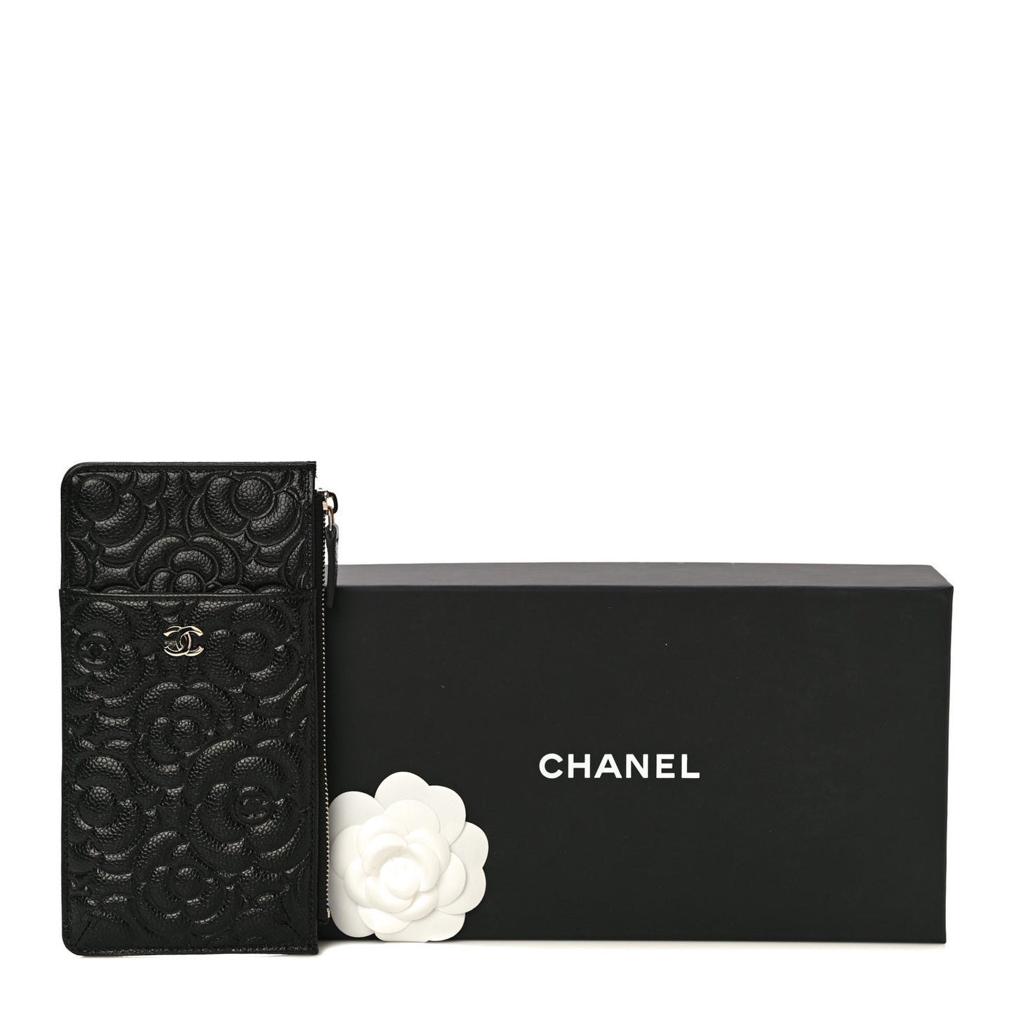 Caviar Camellia Embossed Classic Flat Wallet Pouch Black