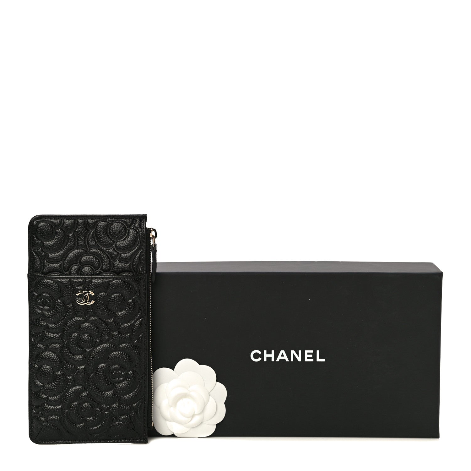 Chanel Caviar Camellia Embossed Classic Flat Wallet Pouch Black 11 of 11