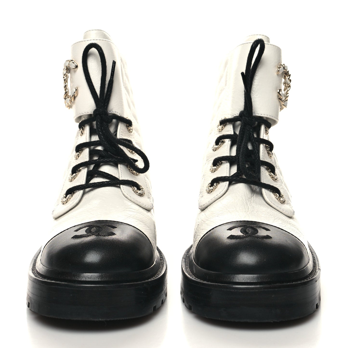 Shiny Goatskin Calfskin Quilted Lace Up Combat Boots 38.5 White Black