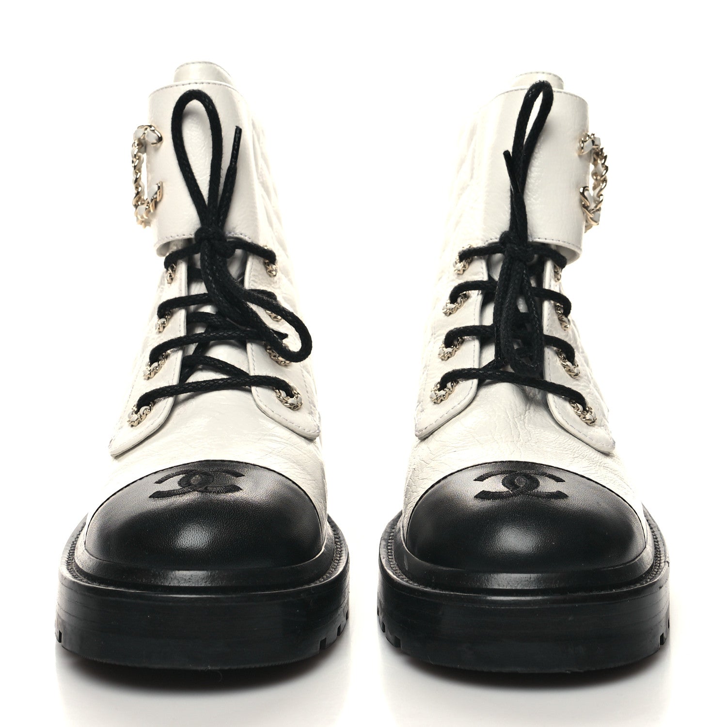 Chanel Shiny Goatskin Calfskin Quilted Lace Up Combat Boots 38.5 White Black 2 of 9