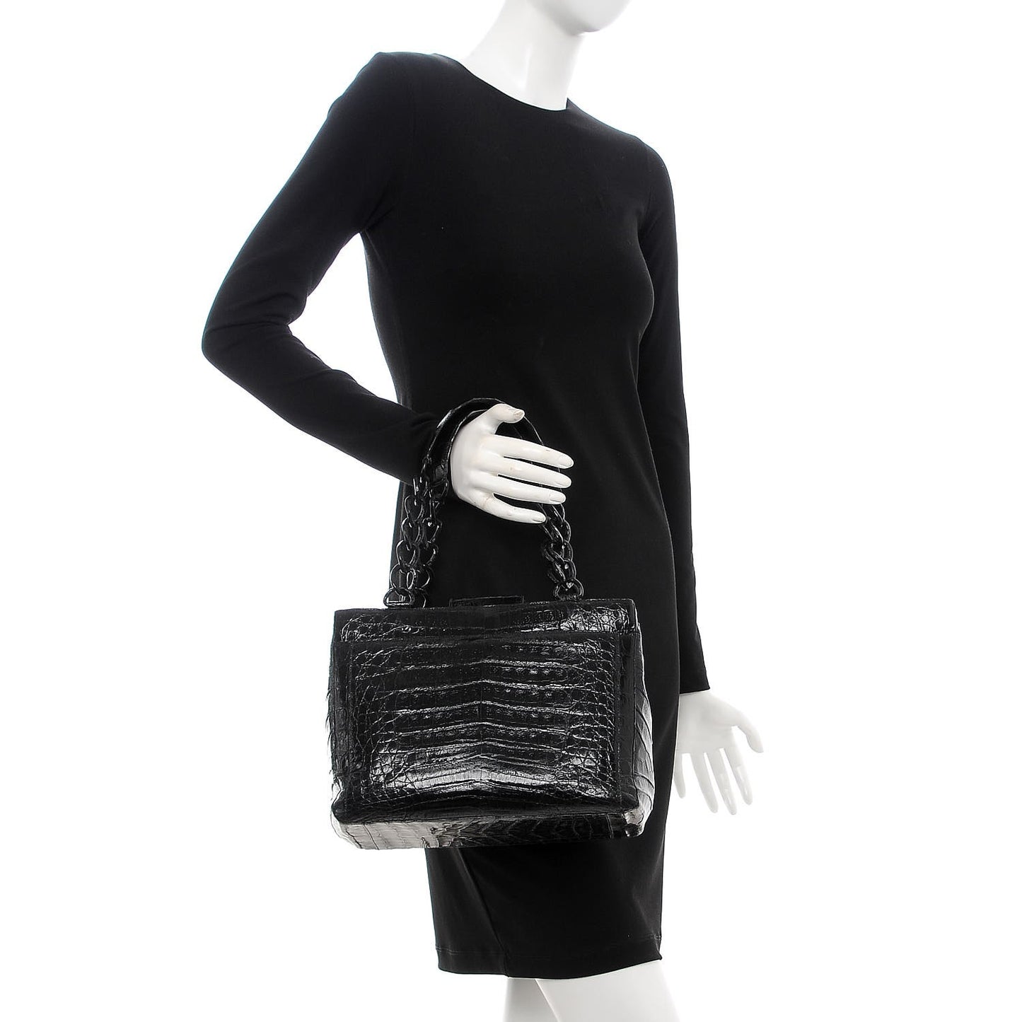 Glossy Crocodile Chain Tote Black