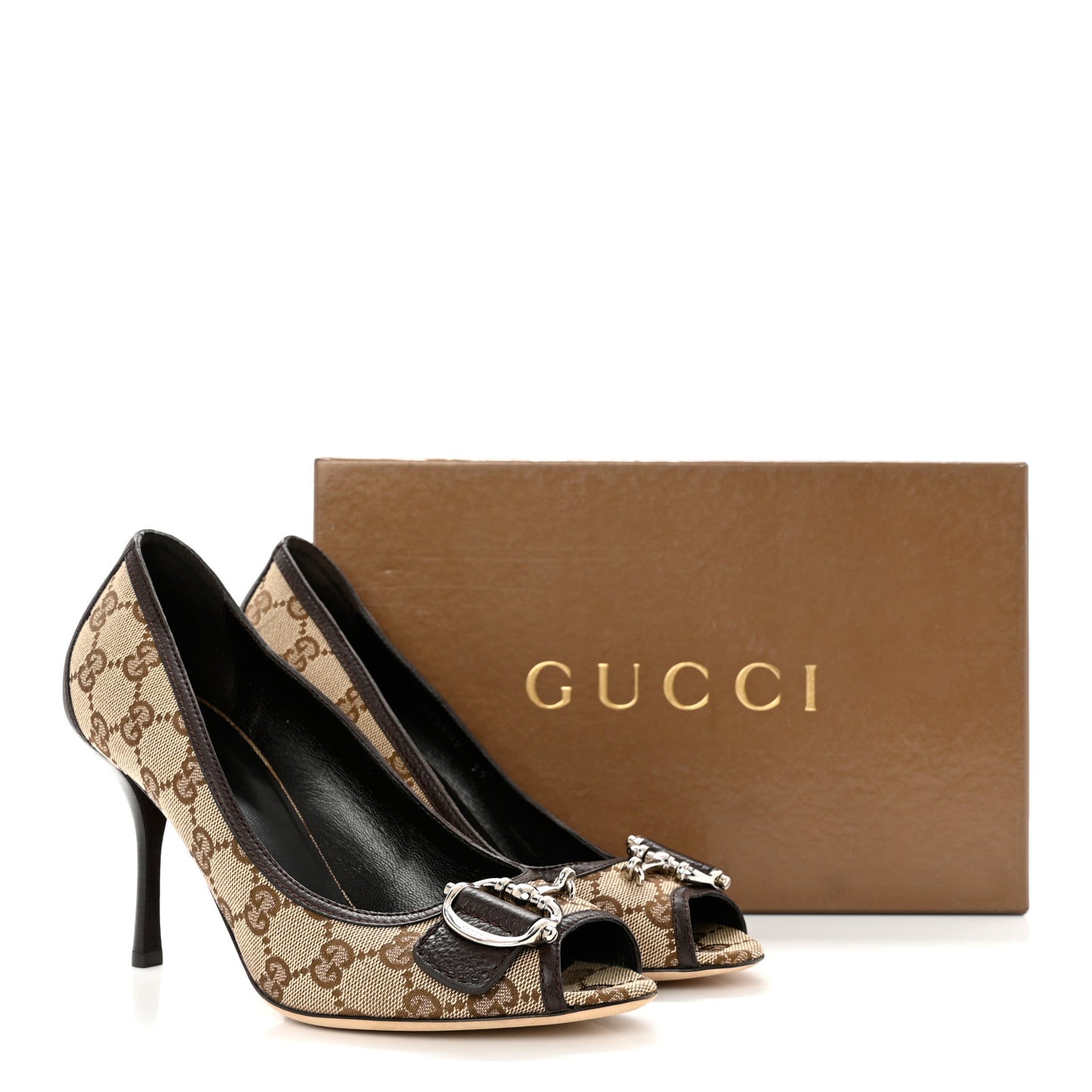 Monogram Horsebit Horsebit Open Toe Pumps 39 Brown