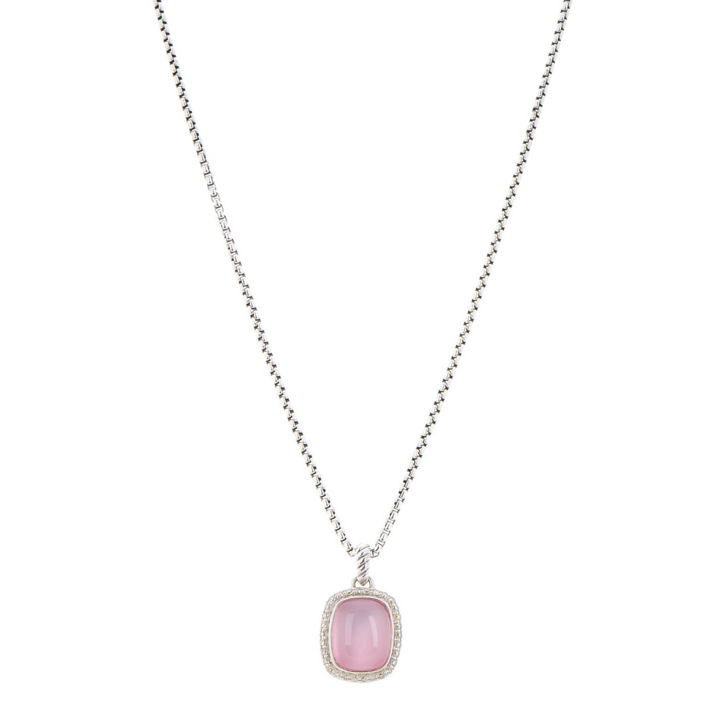 Sterling Silver Pave Diamond Rose Quartz 12mm Noblesse Pendant Necklace