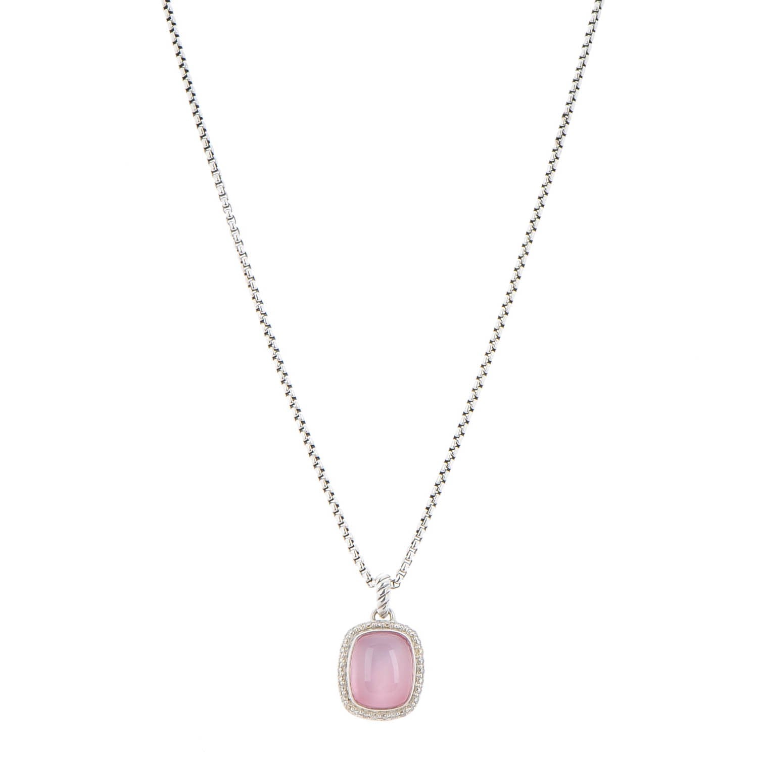 David Yurman Sterling Silver Pave Diamond Rose Quartz 12mm Noblesse Pendant Necklace 1 of 6