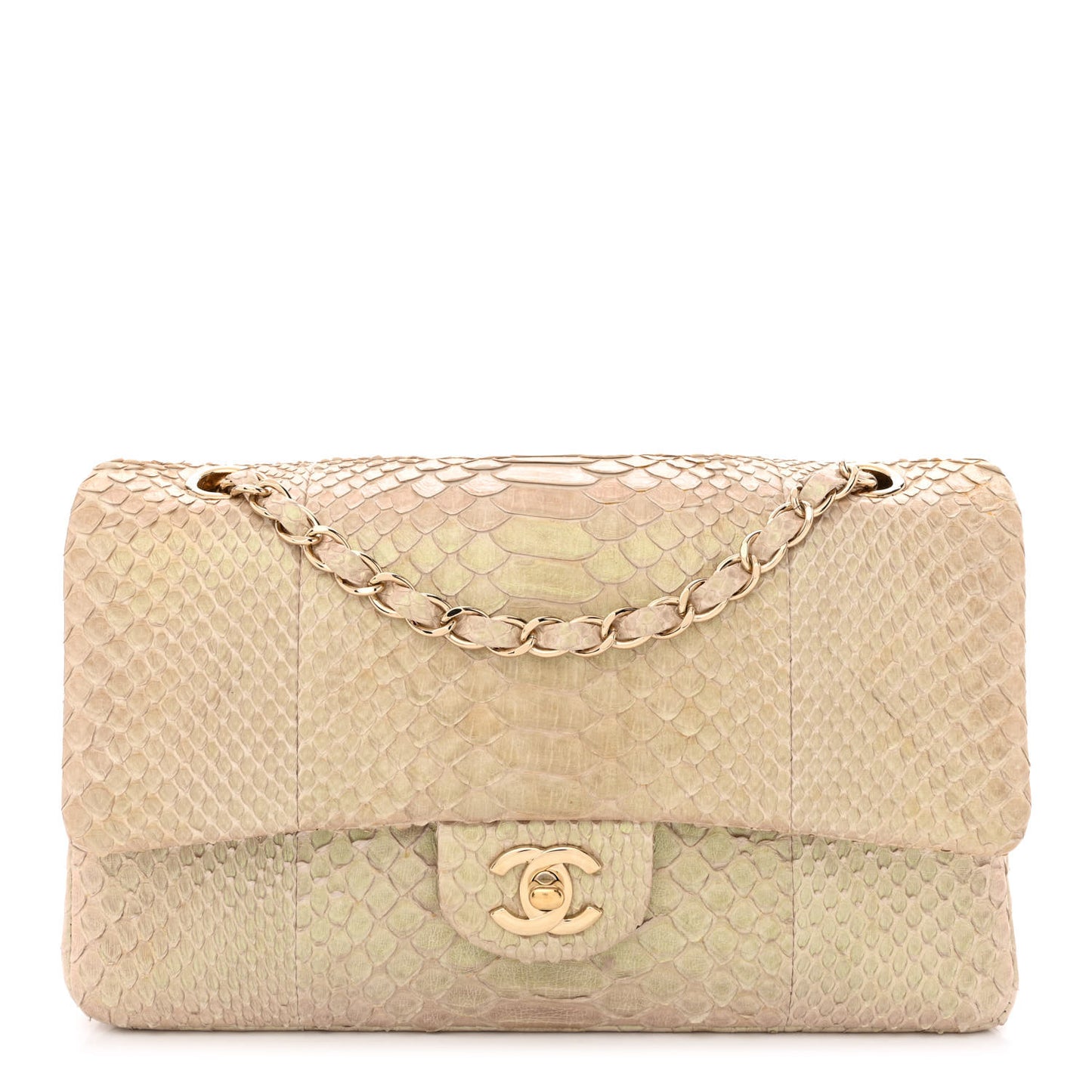 Metallic Snakeskin Medium Double Flap Light Beige