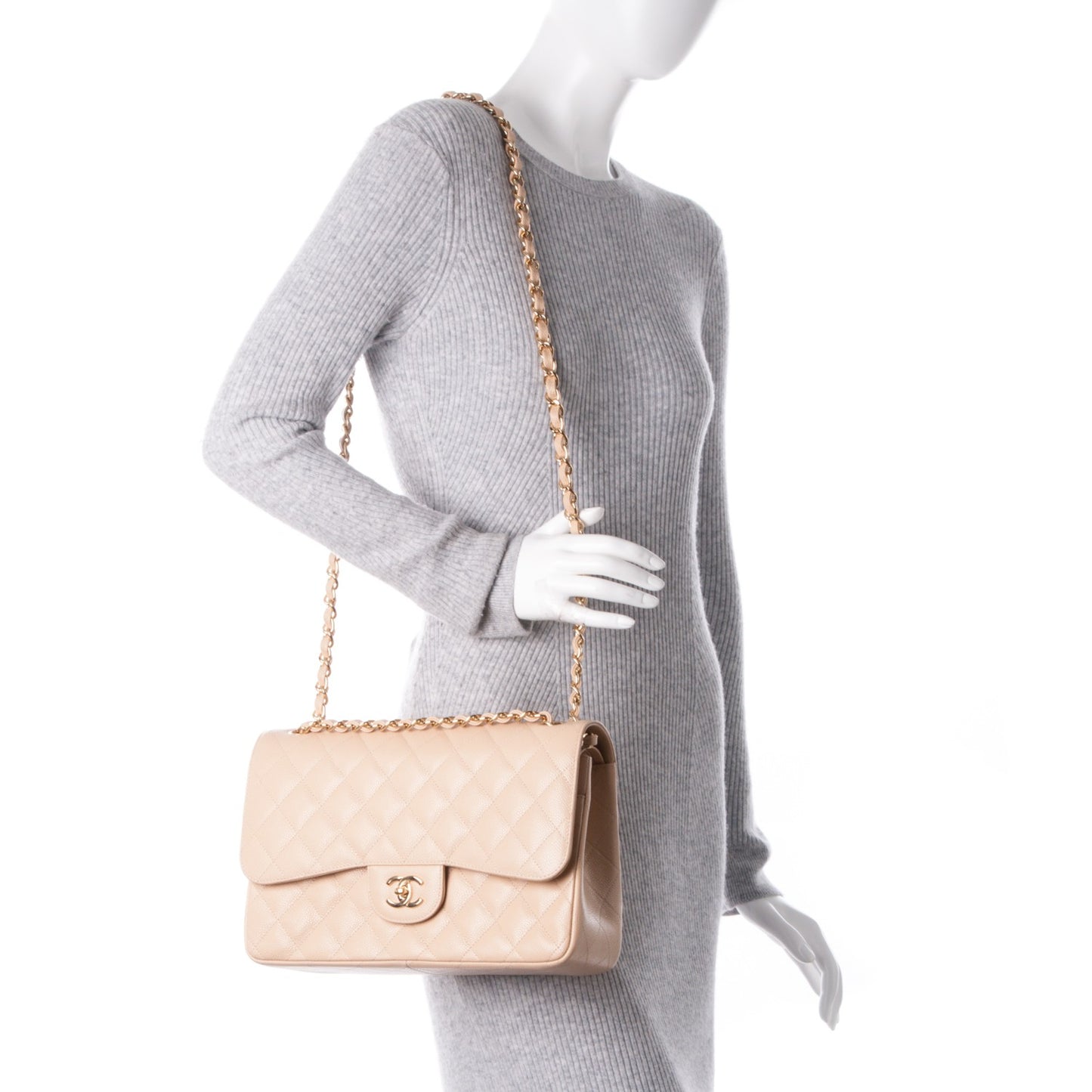 Caviar Quilted Jumbo Double Flap Beige Clair