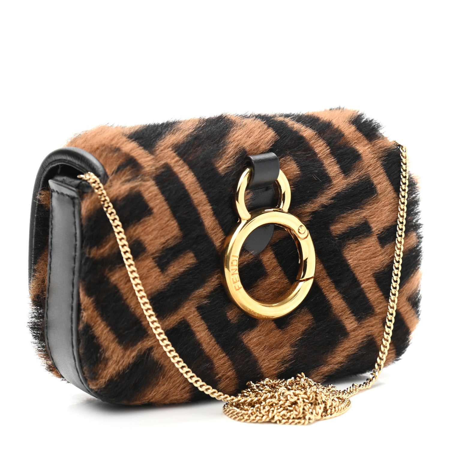 Fendi Sheared Sheepskin Vitello King FF Nano Baguette Charm Tobacco Moro Black 3 of 9