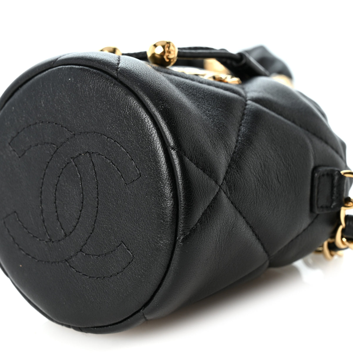 Calfskin Quilted Mini Drawstring Bucket Bag Black