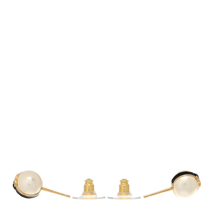 Chanel Pearl Metal CC Stud Earrings Gold Black White 3 of 5