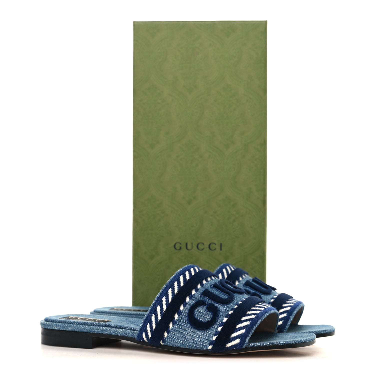 Gucci New Denim Logo Embroidered Slide Sandal 37.5 Light Blue 10 of 10