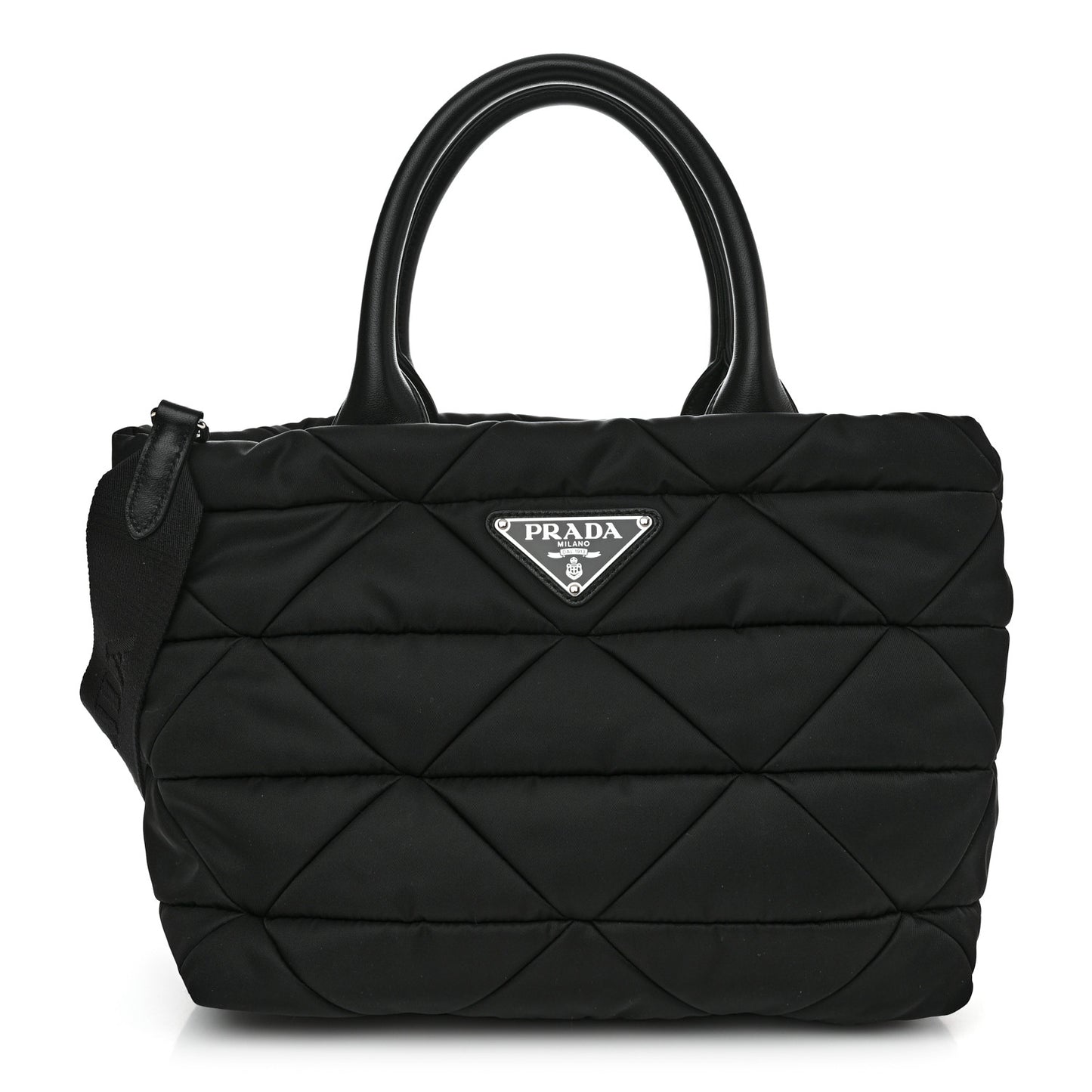 Re-Nylon Nappa Triangle Quilted Padded Small Double Handled Zip Tote Black