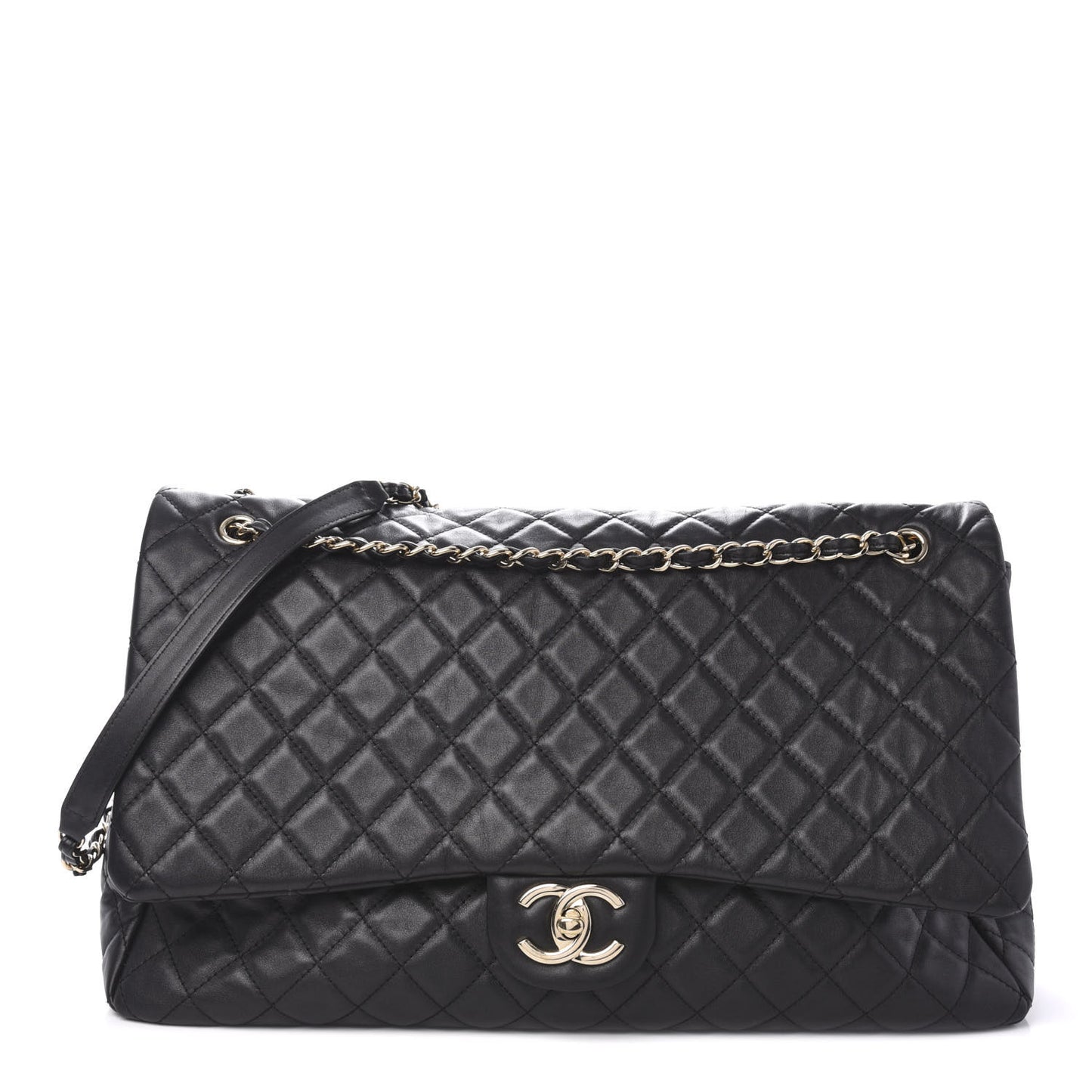 Calfskin Quilted XXL Travel Flap Bag Black